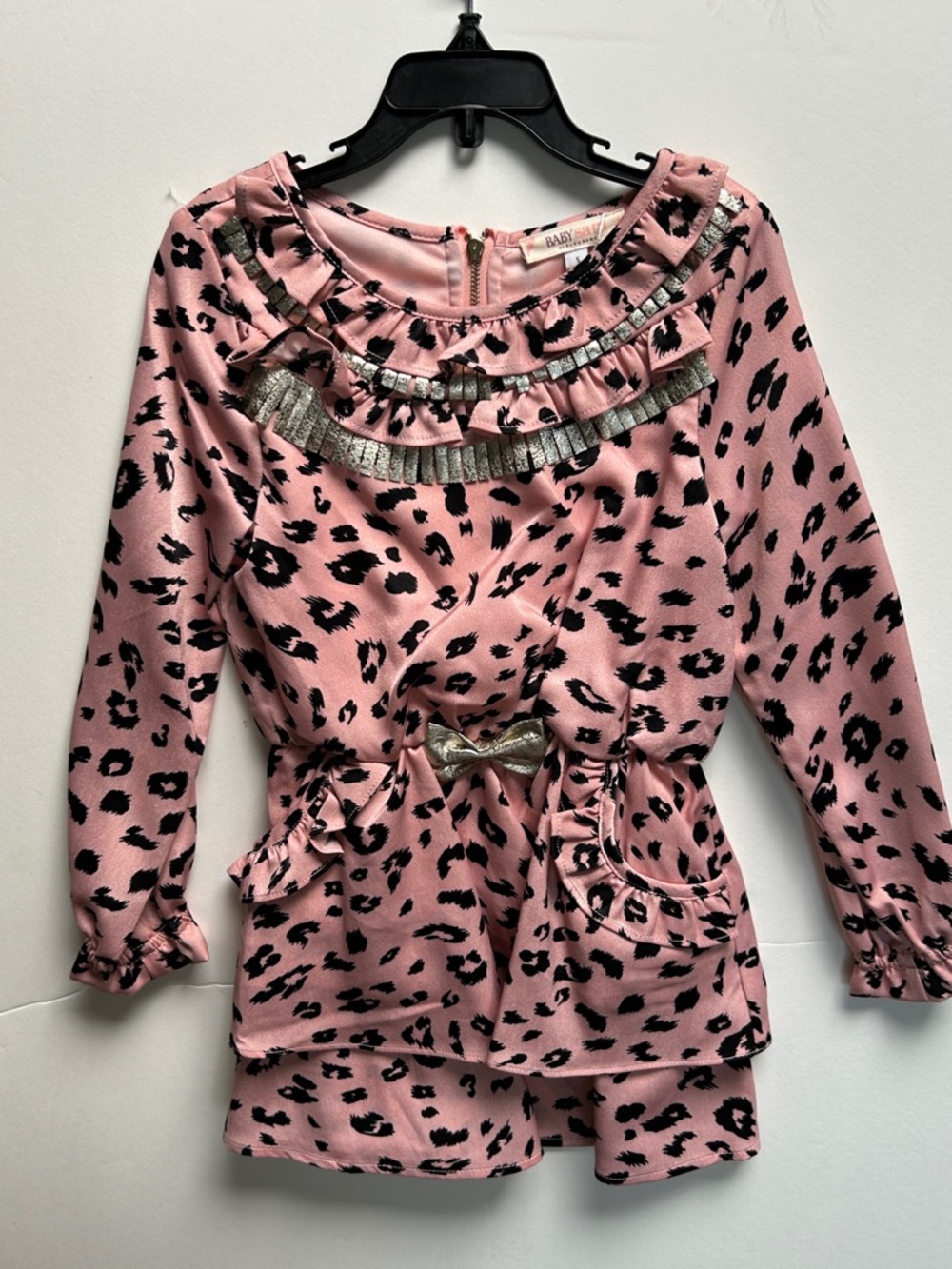 Baby Sara Pink Leopard-Print Ruffle Dress with Silver Trim. Adorable! NWT